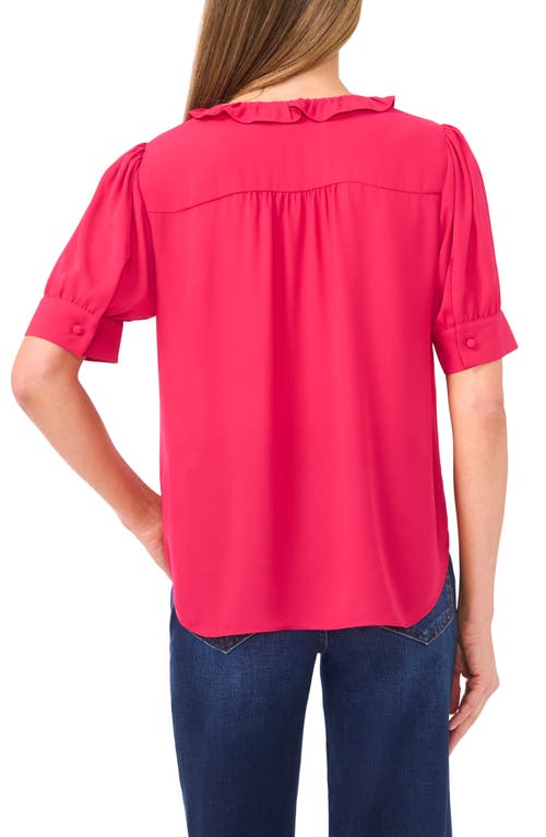 Cece Ruffle Detail Short Sleeve Georgette Button-up Shirt In Red
