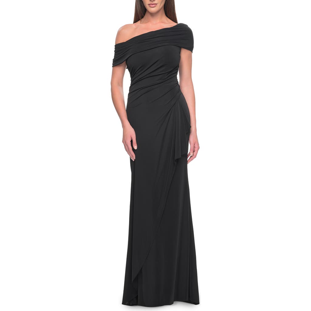 La Femme Jersey Evening Gown With Asymmetrical Neckline In Black