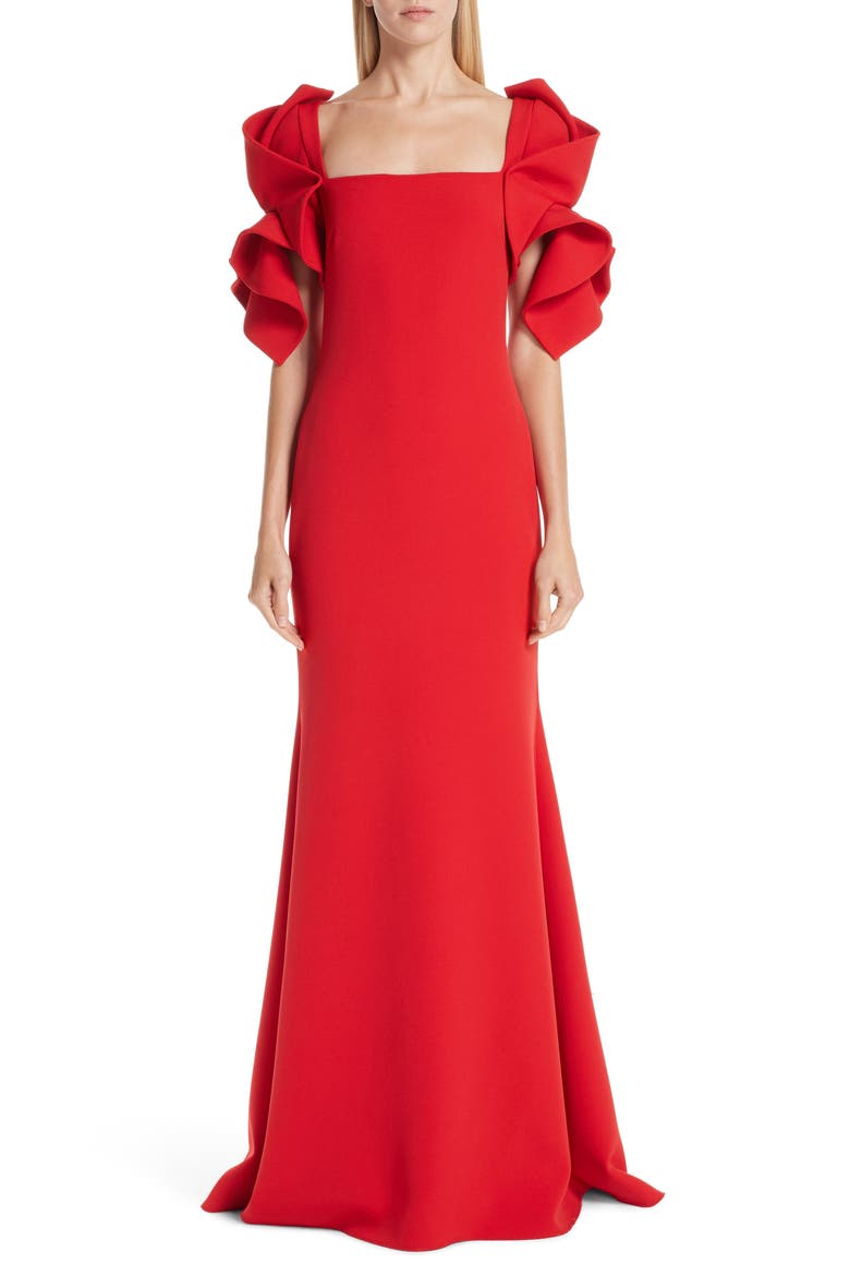Ruffle Sleeve Evening Dress, Main, color, BRIGHT RED