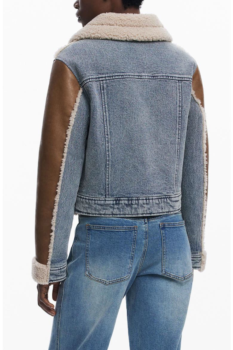 Mixed Media Faux Leather Jacket with Faux Shearling Trim, Alternate, color, BROWN