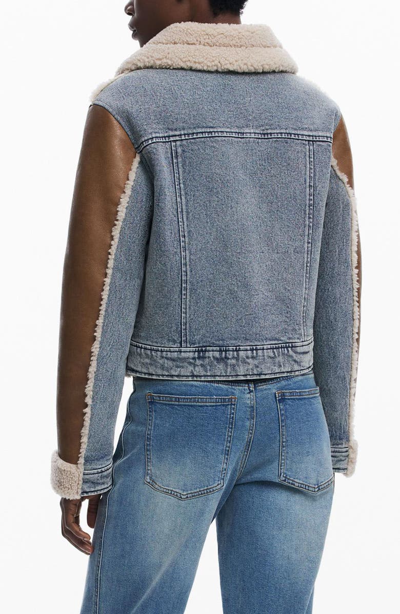 Desigual Mixed Media Faux Leather Jacket with Faux Shearling Trim, Alternate, color, Brown