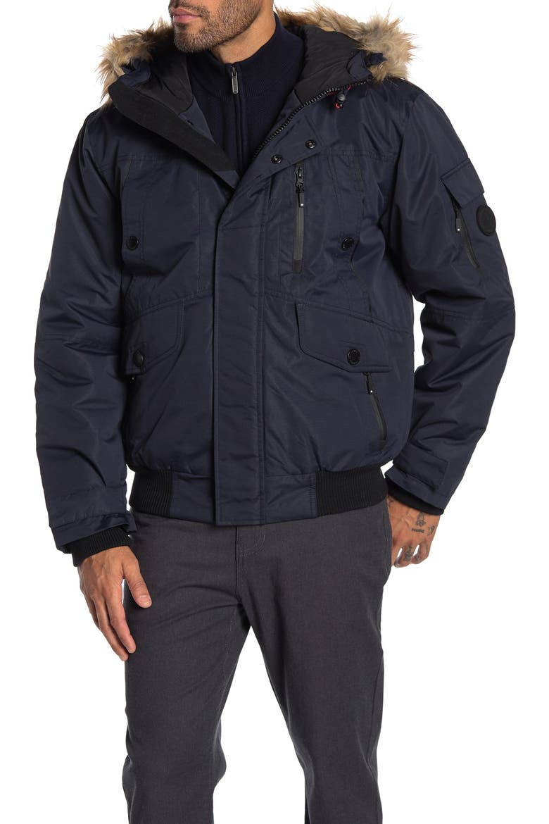 Faux Fur Hooded Bomber Jacket, Main, color, NAVY