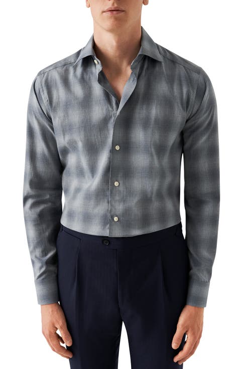 Slim Fit Shadow Check Cotton Flannel Dress Shirt