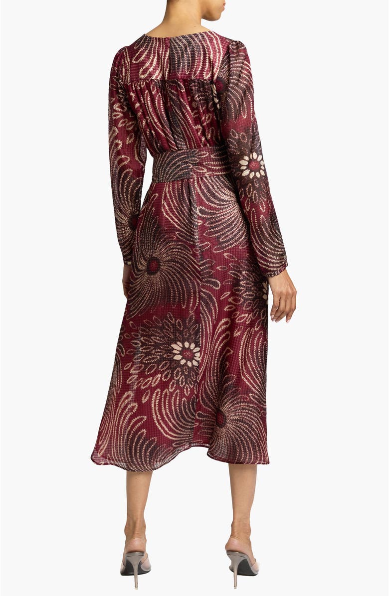 Santorelli Tessa Long Sleeve Midi Fit and Flare Dress in Gingham Floral Silk Print, Alternate, color, Cherry Cola