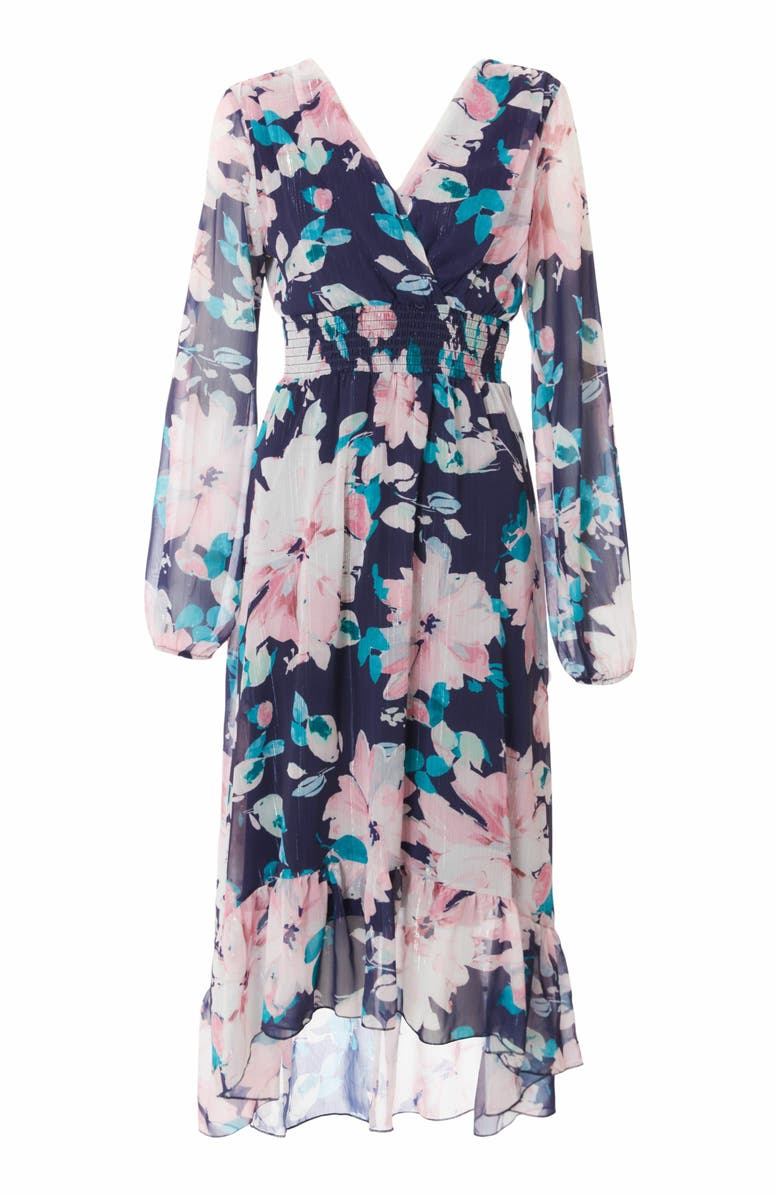 QUIZ Floral Chiffon Glitter Long Sleeve Maxi Dress, Alternate, color, 
