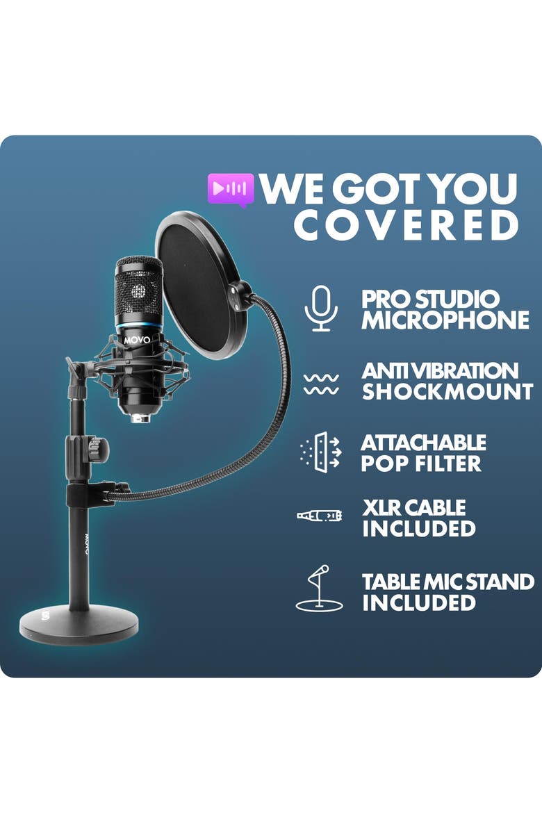 2-Pack Universal Cardioid Podcasting Microphone Bundle with Tabletop Mic Stand and Pop Filter for XLR Outputs, Alternate, color, Black