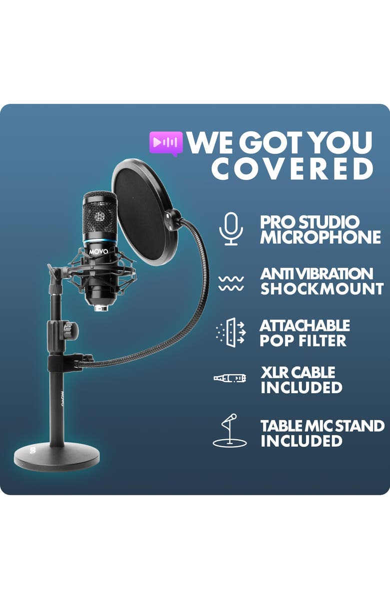 MOVO 2-Pack Universal Cardioid Podcasting Microphone Bundle with Tabletop Mic Stand and Pop Filter for XLR Outputs, Alternate, color, Black