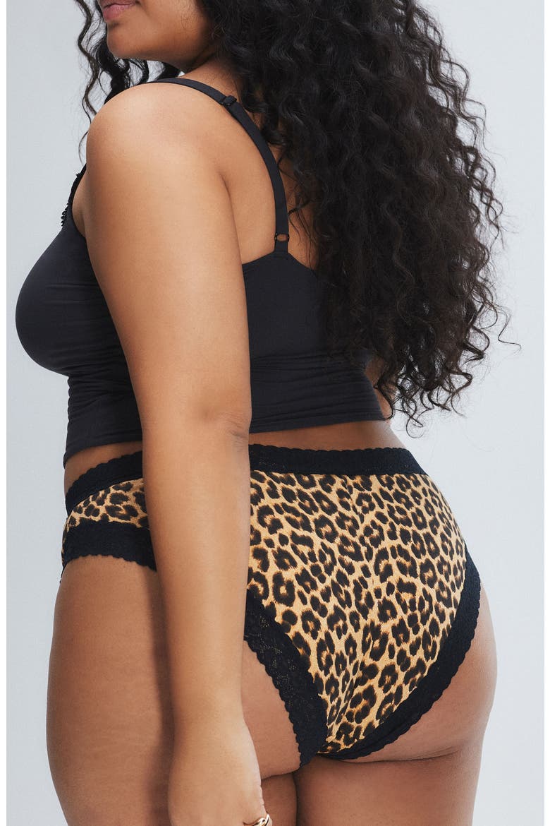 Essentials Lace Trim Stretch Cotton Cheeky Briefs, Alternate, color, SUGA BEIGE ON THE PROWL PRINT
