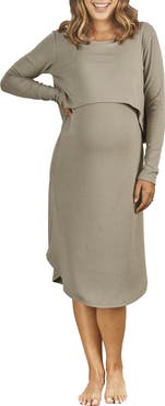 Angel Maternity Leah Long Sleeve Ribbed Maternity/Nursing Dress & Knotted Baby Gown Set