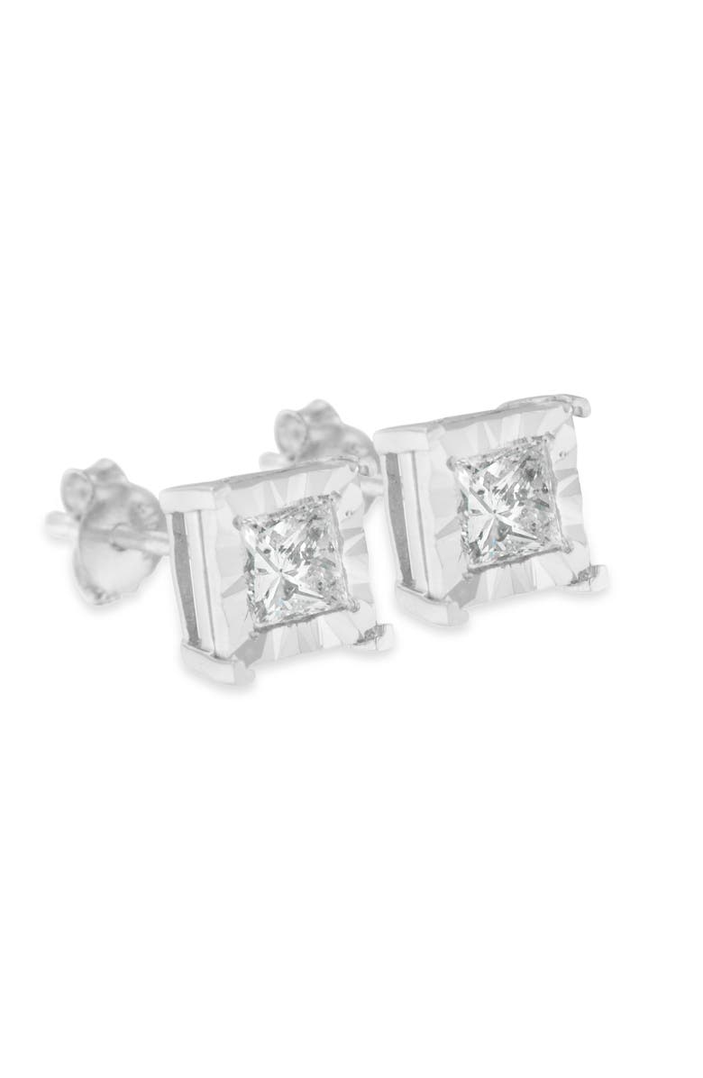 Haus of Brilliance Silver 1.0 Ct Diamond Miracle Princess Solitaire Stud Earrings, Alternate, color, White