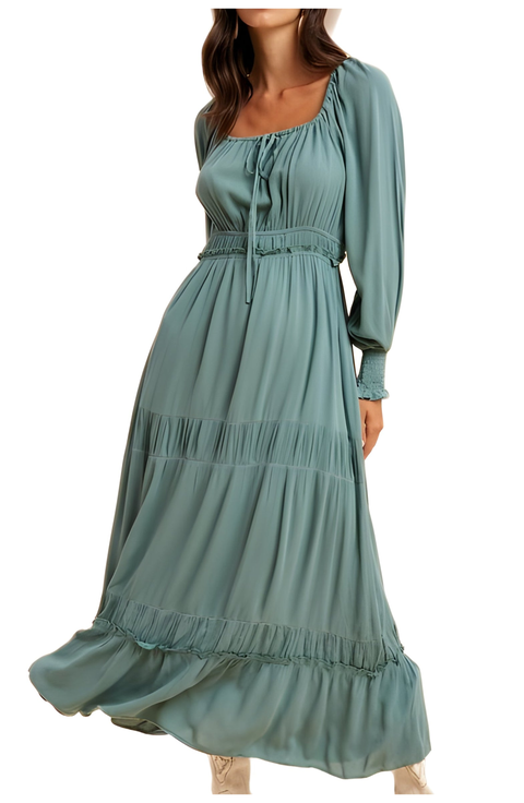Long-Sleeve Smocked Maxi Dress with Tiered Skirt