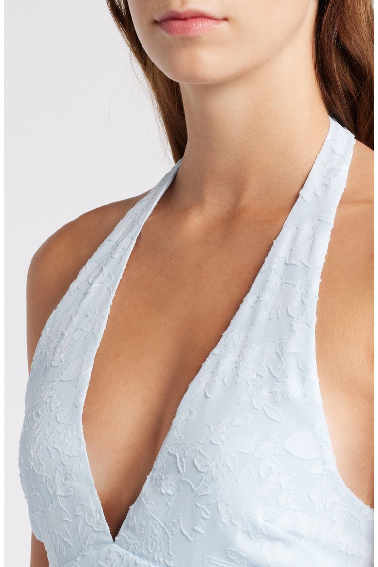 Arietta Floral Jacquard Plunge Halter Neck Dress, Alternate, color, ICE WATER