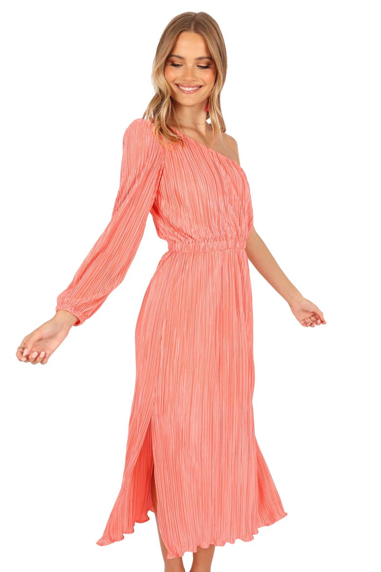 Pontee Pleated One-Shoulder Midi Dress, Alternate, color, CORAL