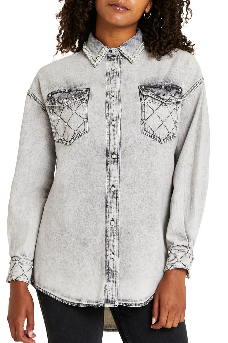 Studded Denim Shirt, Main, color, GREY
