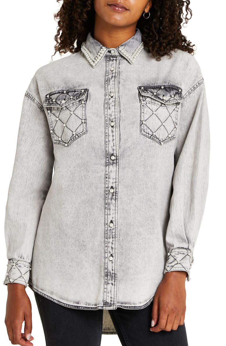 River Island Studded Denim Shirt, Main, color, 