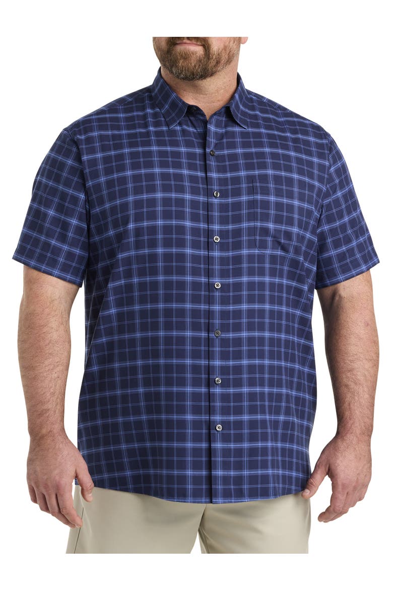 Big & Tall Microfiber Medium Plaid Sport Shirt, Main, color, NAVY BLUE