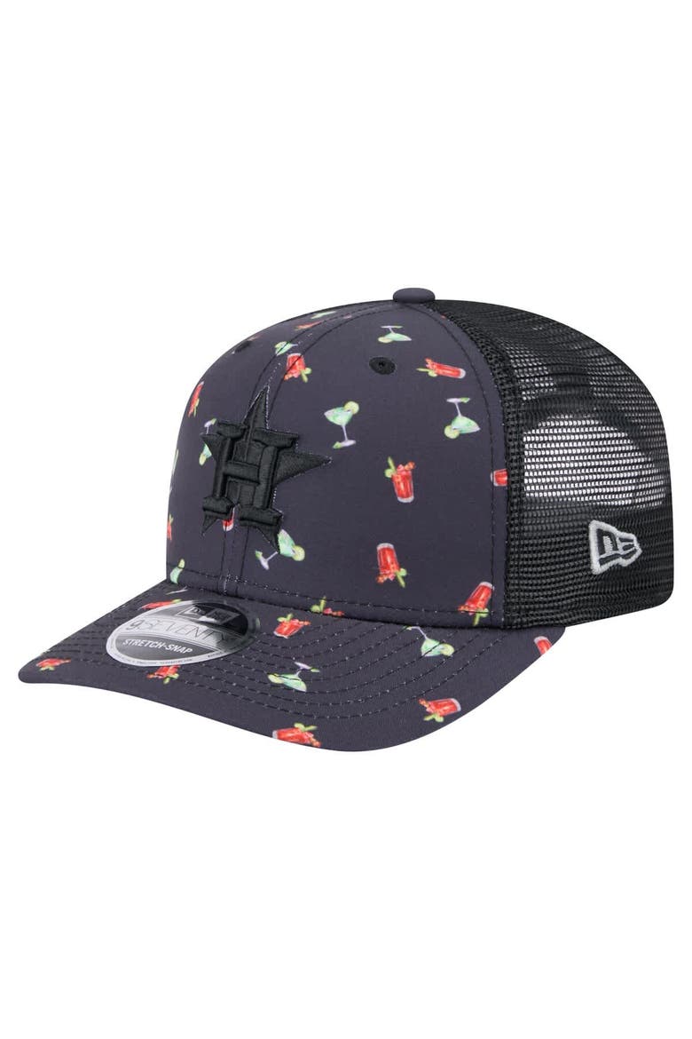 Men's New Era Black Houston Astros Adventure Drinks Pattern 9SEVENTY Stretch-Snap Hat, Main, color, Navy
