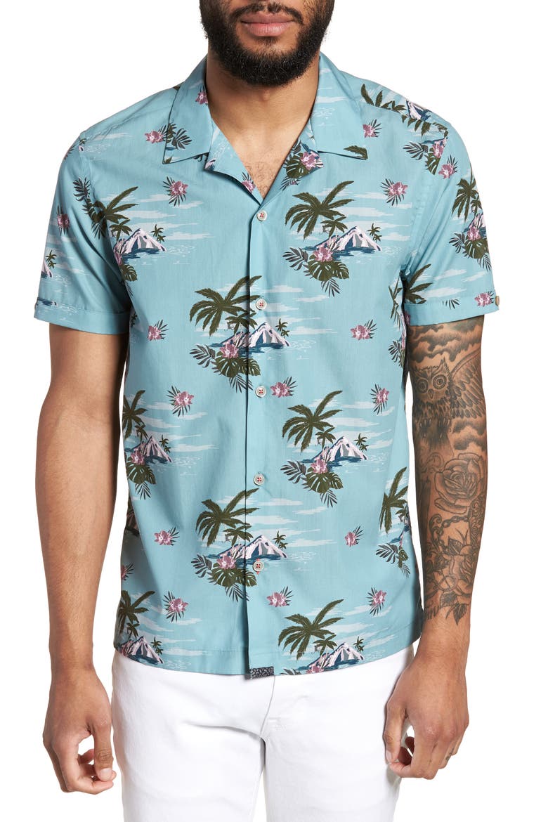 Slim Fit Tropical Pattern Sport Shirt, Main, color, LIGHT BLUE