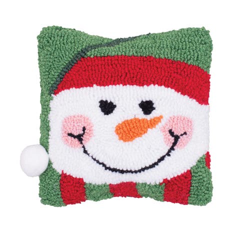 Happy Snowman Hooked Small Petite Christmas Holiday Throw Pillow, 8" x 8"