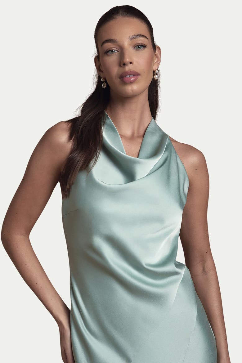Cowl Halterneck Satin Bridesmaid Dress, Alternate, color, Sage