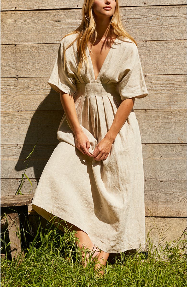 CRESCENT Pleated Linen Midi Dress, Alternate, color, Oatmeal