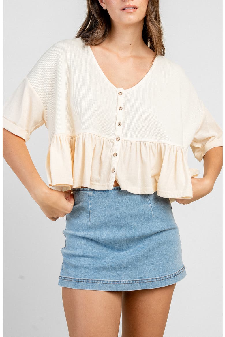 Ruffled Button Up Knit Top, Alternate, color, CREAM