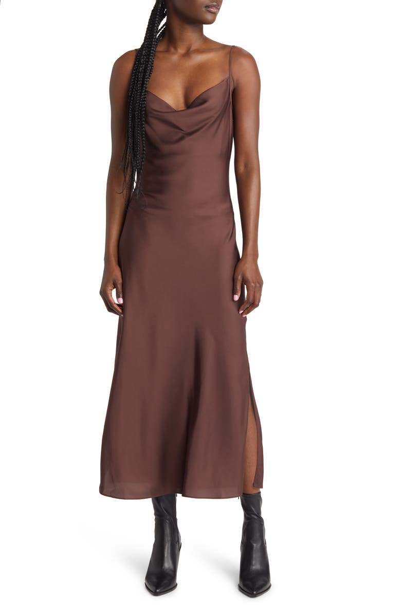 AllSaints Hadley Cowl Neck Satin Slipdress, Main, color,