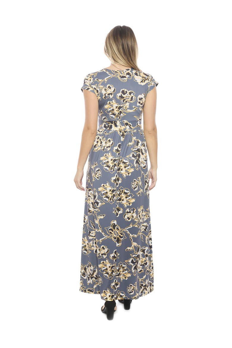 Womens Floral V-Neck Cap Sleeve Side Slit Pocket Maxi Dress, Alternate, color, Grey Multi