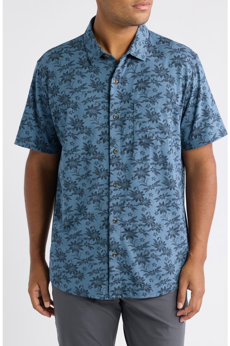 Comfortknit Floral Short Sleeve Button-Up Shirt, Main, color, BERING SEA