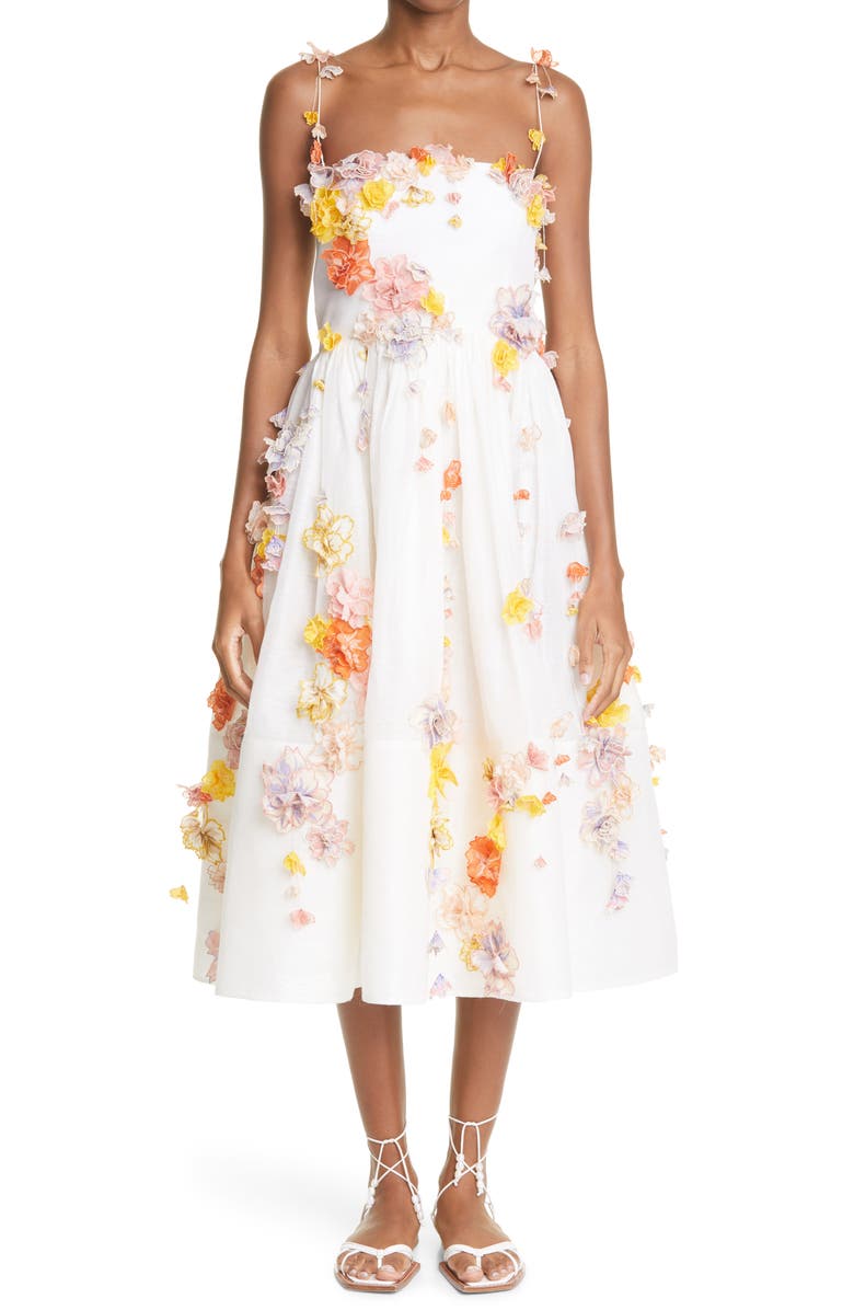 Zimmermann Postcard Floral Appliqué Linen & Silk Midi Dress, Main, color,