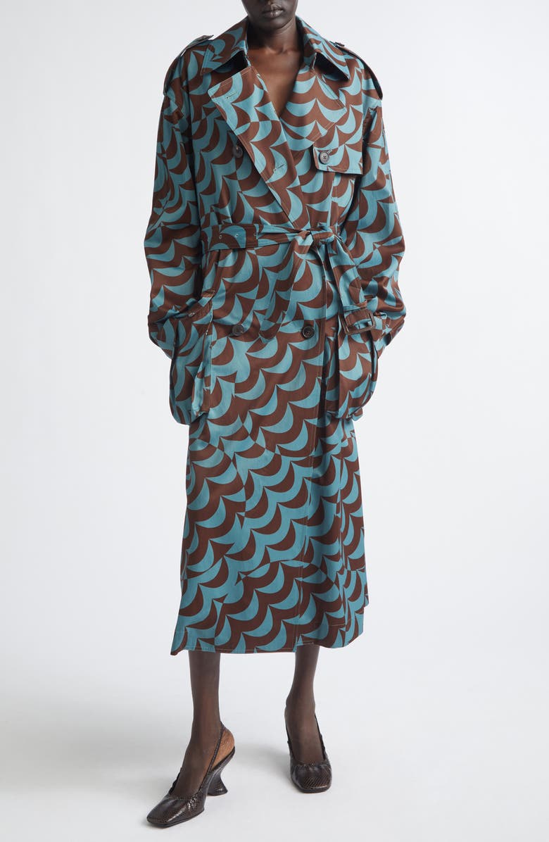 Dries Van Noten Moon Print Trench Coat, Main, color, Blue/ Brown