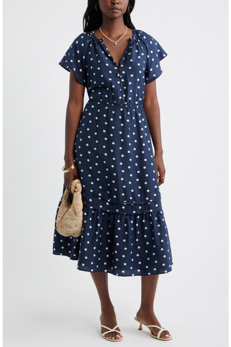 Front Button Midi Dress, Alternate, color, NAVY STILL- WHITE TOSS DOT