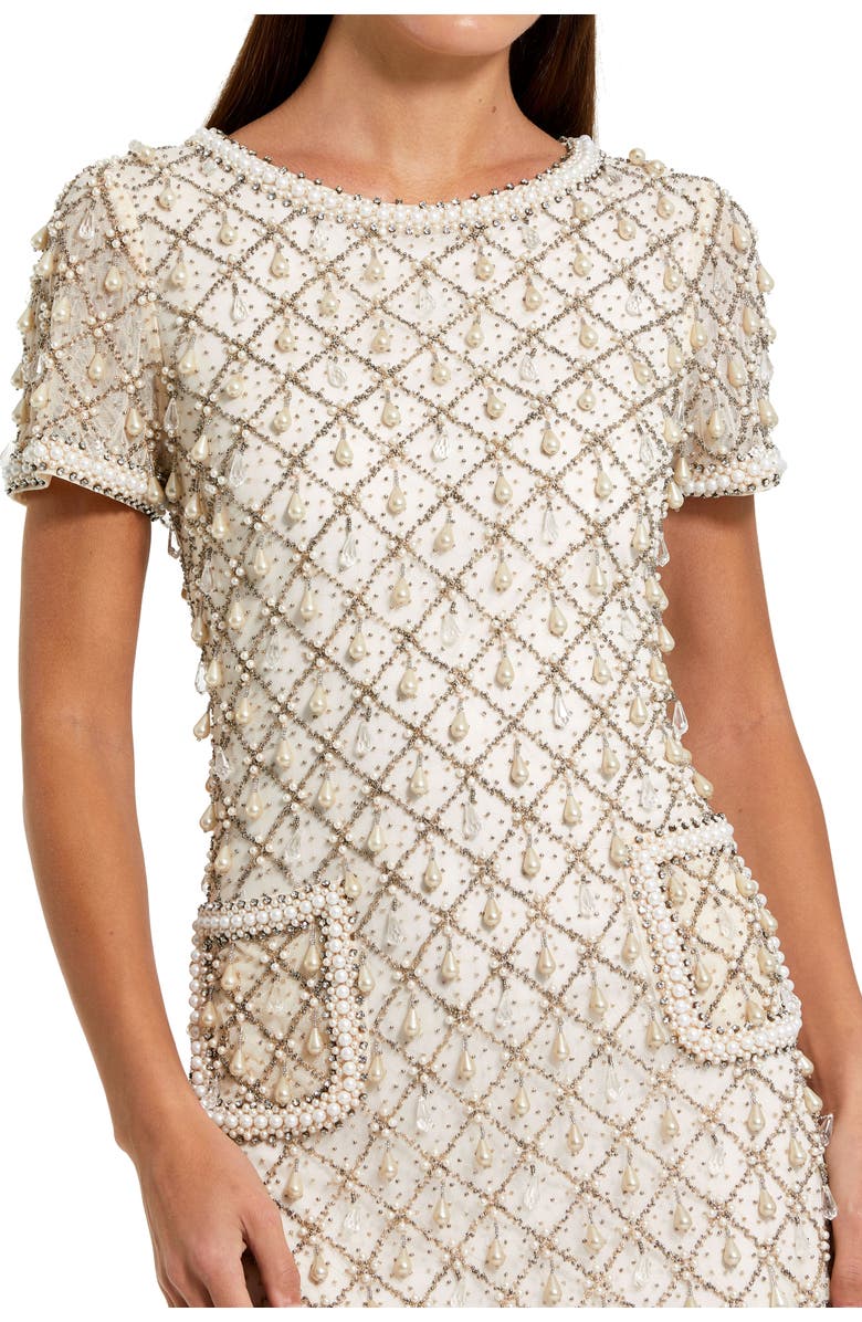 Mac Duggal Short Sleeve Embellished Crepe Midi Dress, Alternate, color, Oyster