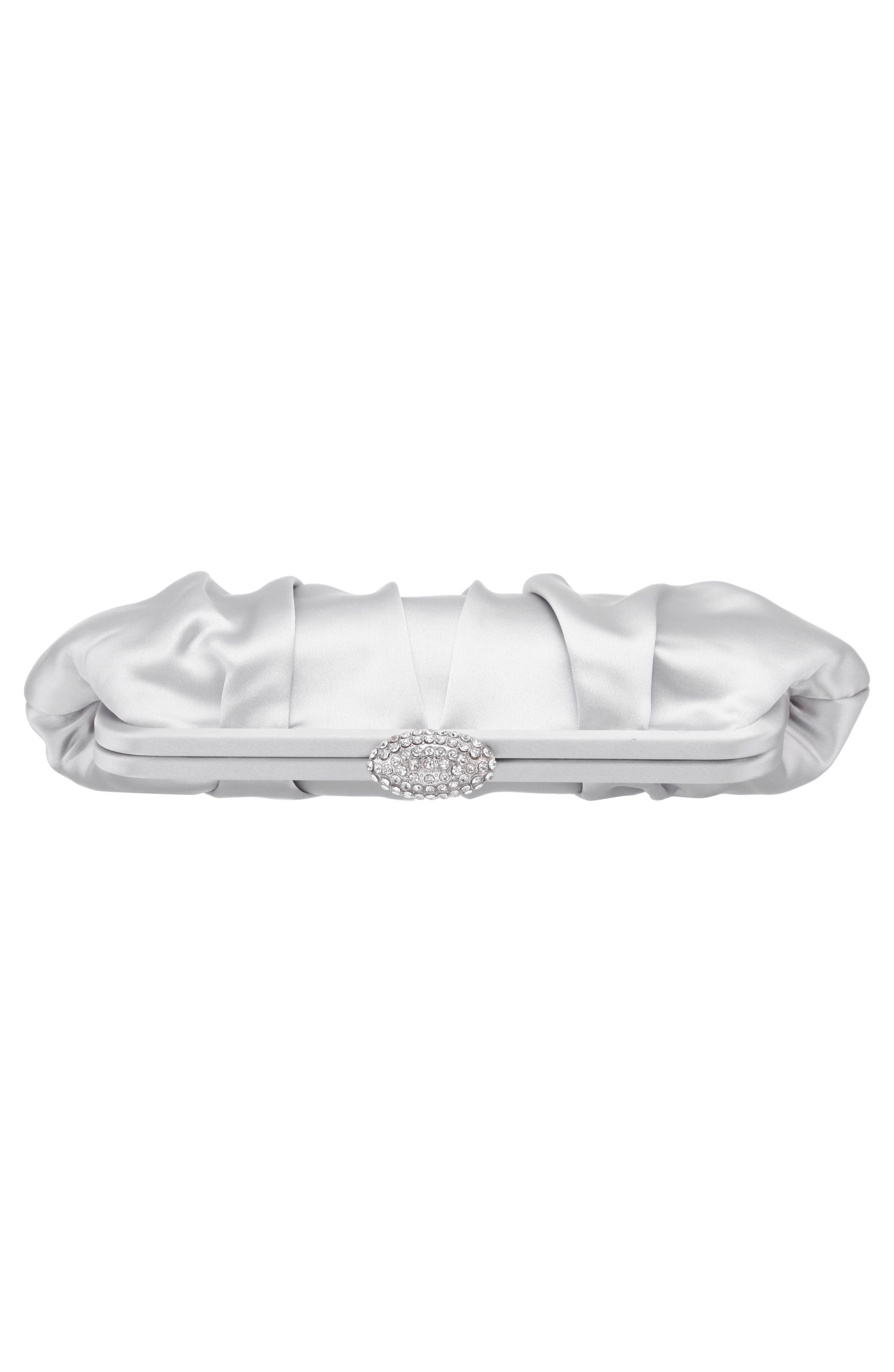 Concord Pleated Satin Frame Clutch, Alternate, color, NEW SILVER