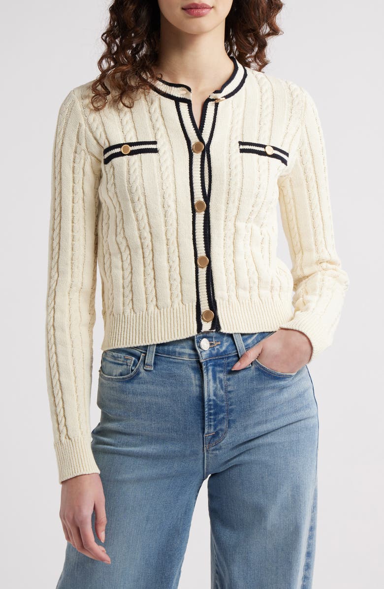 FRAME The Trimmed Cable Stitch Cardigan, Main, color, 