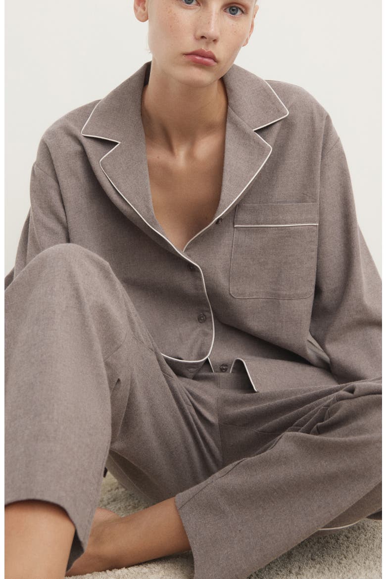 Contrast Piping Mélange Cotton Flannel Pajama Top, Alternate, color, MEDIUM BROWN