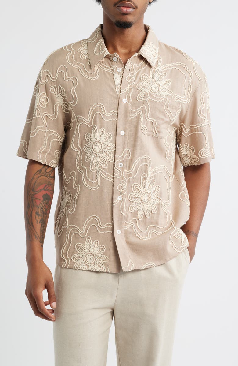 KROST Havana Floral Embroidered Short Sleeve Button-Up Shirt, Main, color, 