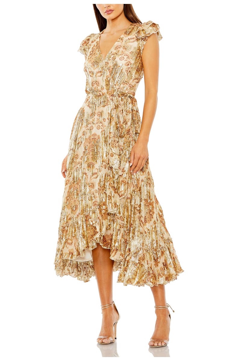 Mac Duggal Flutter Sleeve Floral Wrap Midi Dress, Main, color, Cream Multi