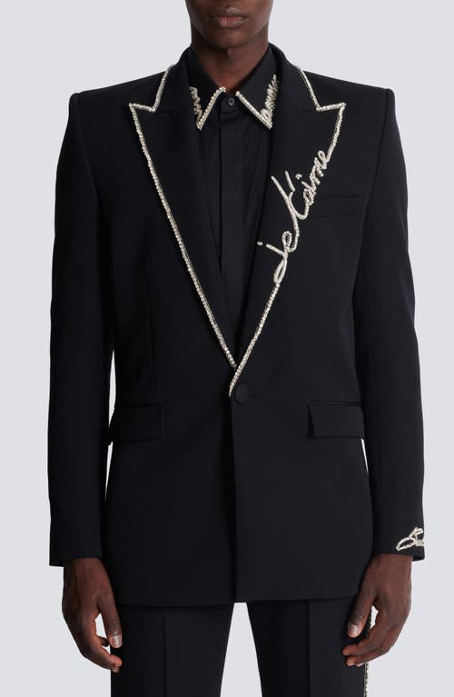 Balmain Love Letter Crystal Piping Wool Grain De Poudre 1-button Jacket In Ehv Black/crystal