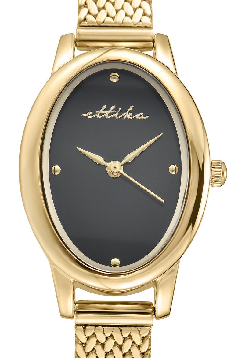 Oval Face Mesh Strap Watch, Alternate, color, BLACK AND GOLD
