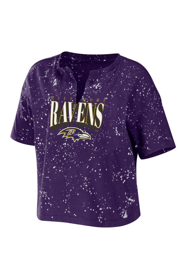 Women's WEAR by Erin Andrews Purple Baltimore Ravens Bleach Wash Splatter Notch Neck Cropped T-Shirt, Alternate, color, Purple