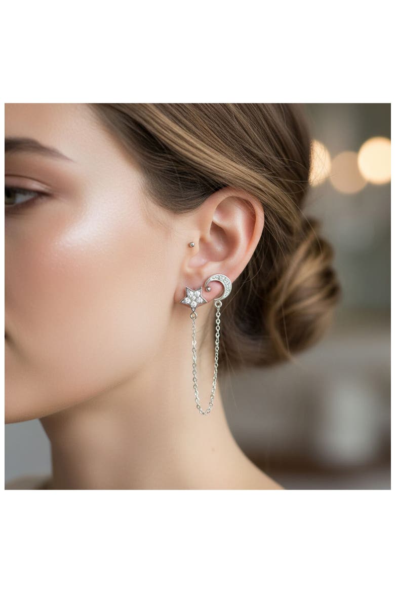 Moon & Star Helix Chain Earring Set, Alternate, color, CLEAR