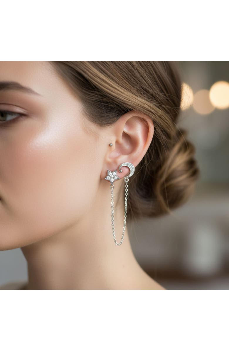 BLING JEWELRY Moon & Star Helix Chain Earring Set, Alternate, color, Clear