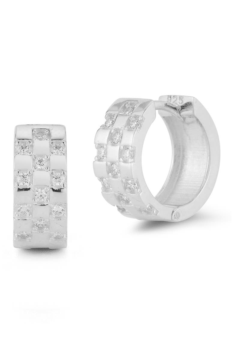 Sterling Silver CZ Checkered Huggie Hoop Earrings, Main, color, SILVER