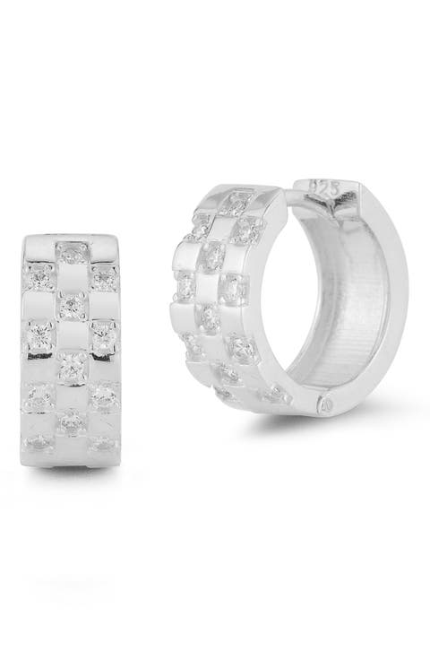 Sterling Silver CZ Checkered Huggie Hoop Earrings