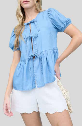 Blu Pepper Front Tie Puff Sleeve Chambray Top