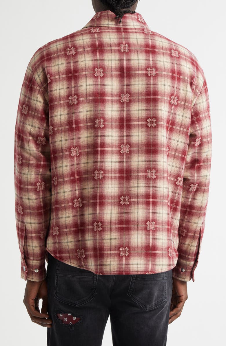 AMIRI Plaid Fleece Lined Cotton Flannel Snap-Up Overshirt, Alternate, color, Deep Red