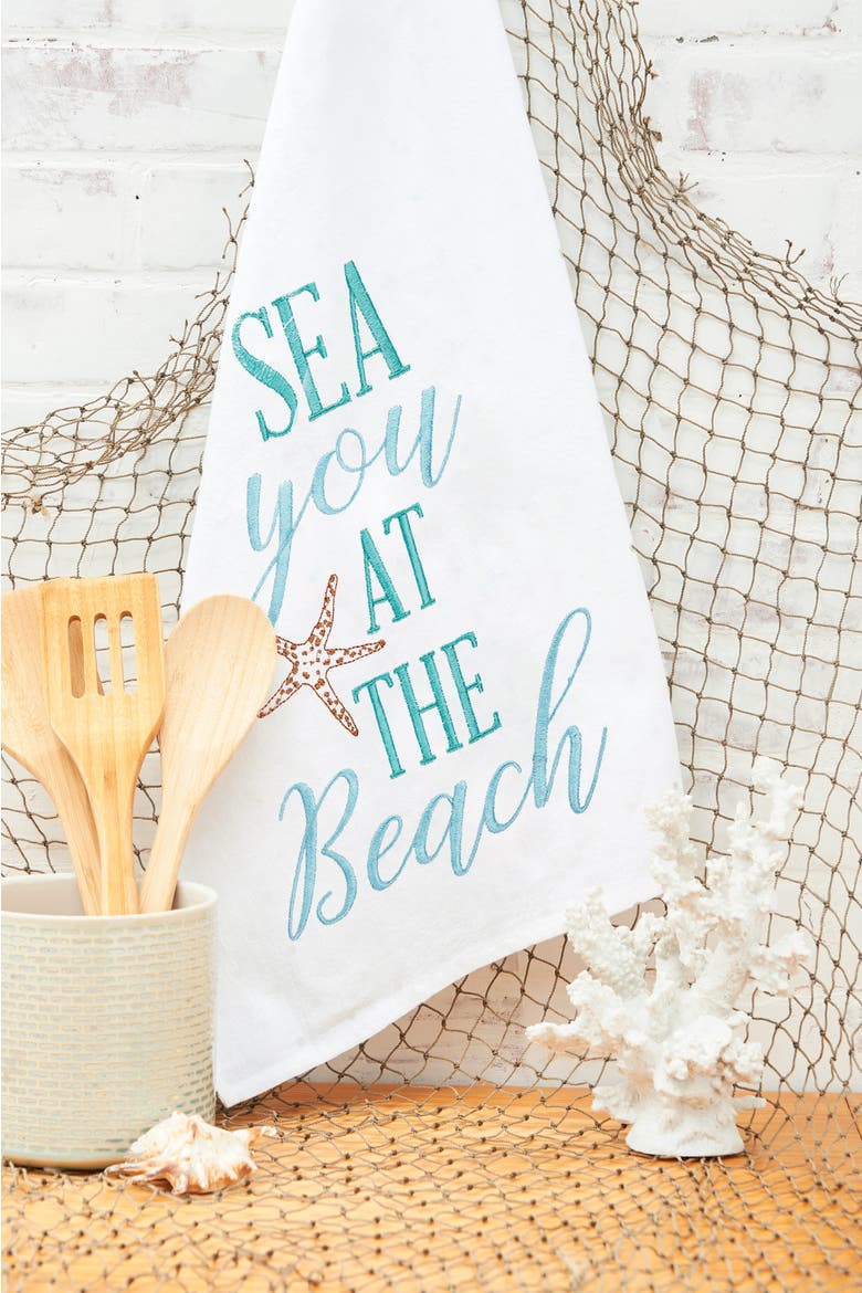 Sea you At The Beach Embroidered Flour Sack Cotton Kitchen Towel, Alternate, color, White