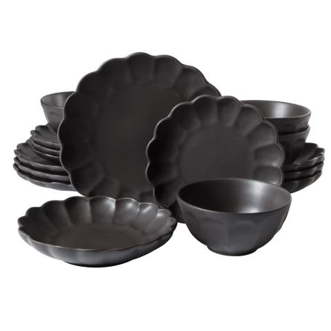 Yuelu Bloom 16 Piece Plates and Bowls Scallop Embossed Dinnerware Set