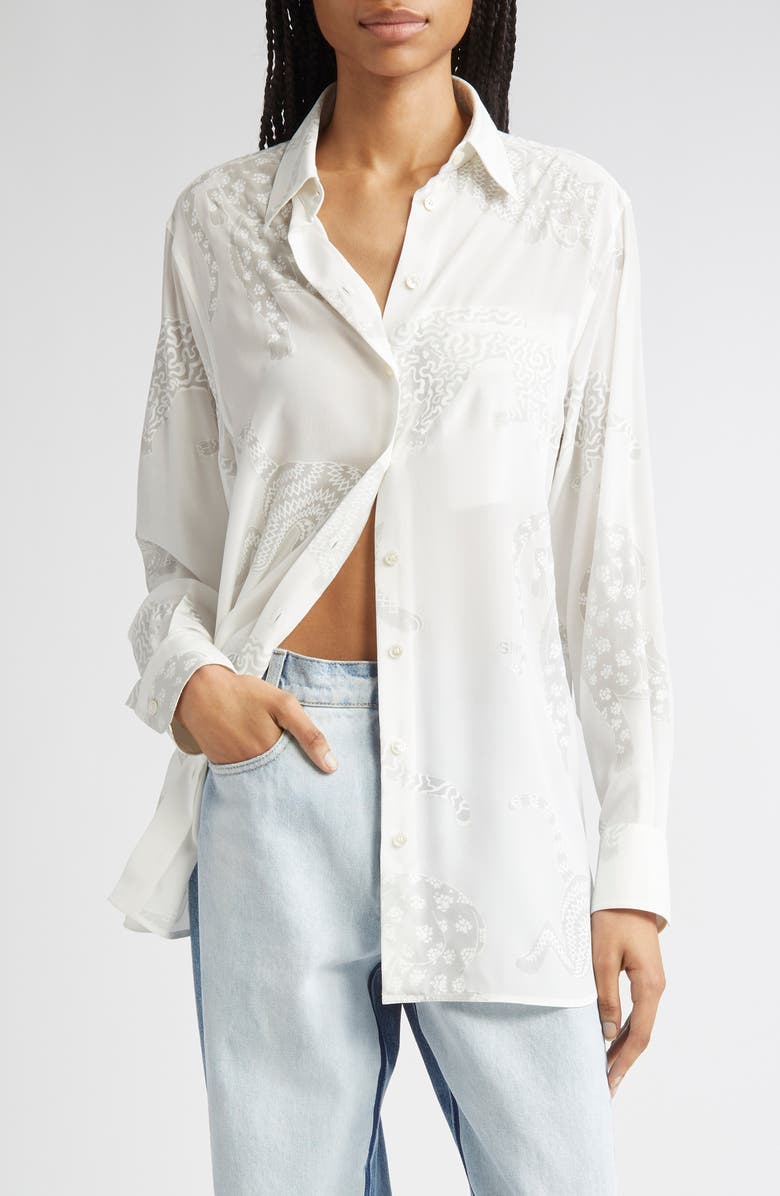 Stella McCartney Wildcat Print Silk Button-Up Shirt, Main, color, Natural